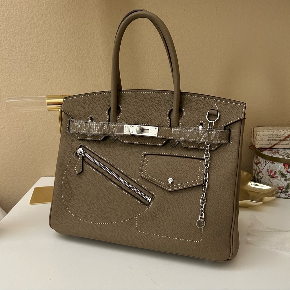 30cm Top Handle Rock BK Style Leather Satchel Etaupe